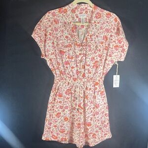 NWT  Romper Cream Orange Pink Floral Button-Up SM